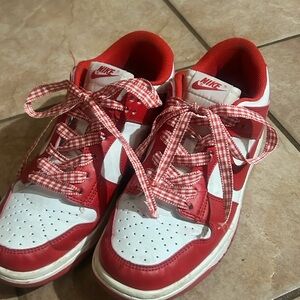 Nike Red and White Low Dunks